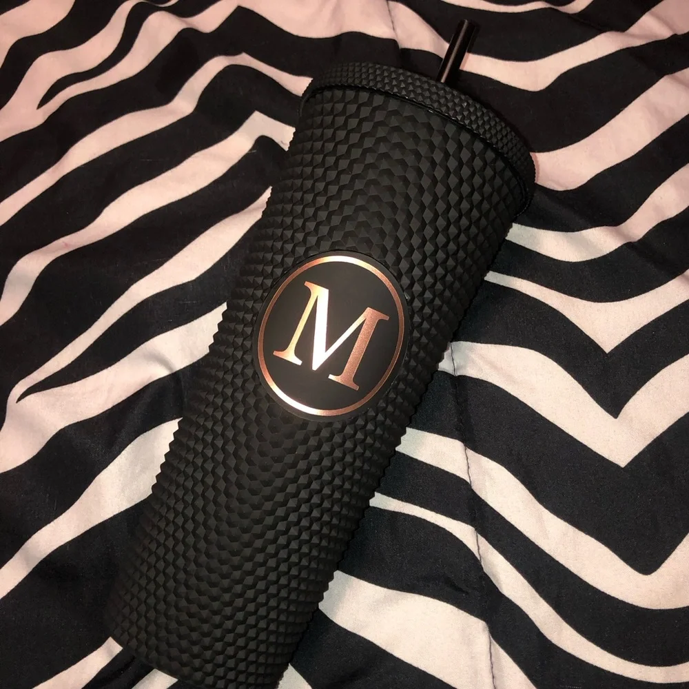 Letter M Black Textured Tumbler with Straw, New